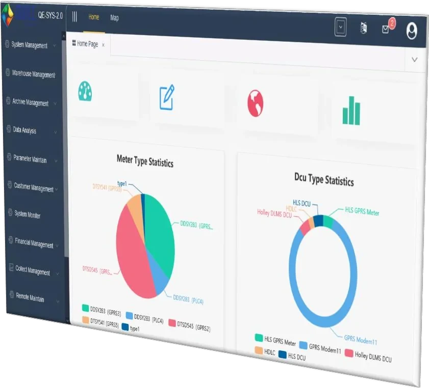 QE-SYS-2.0 dashboard with meter and concentrator statistics